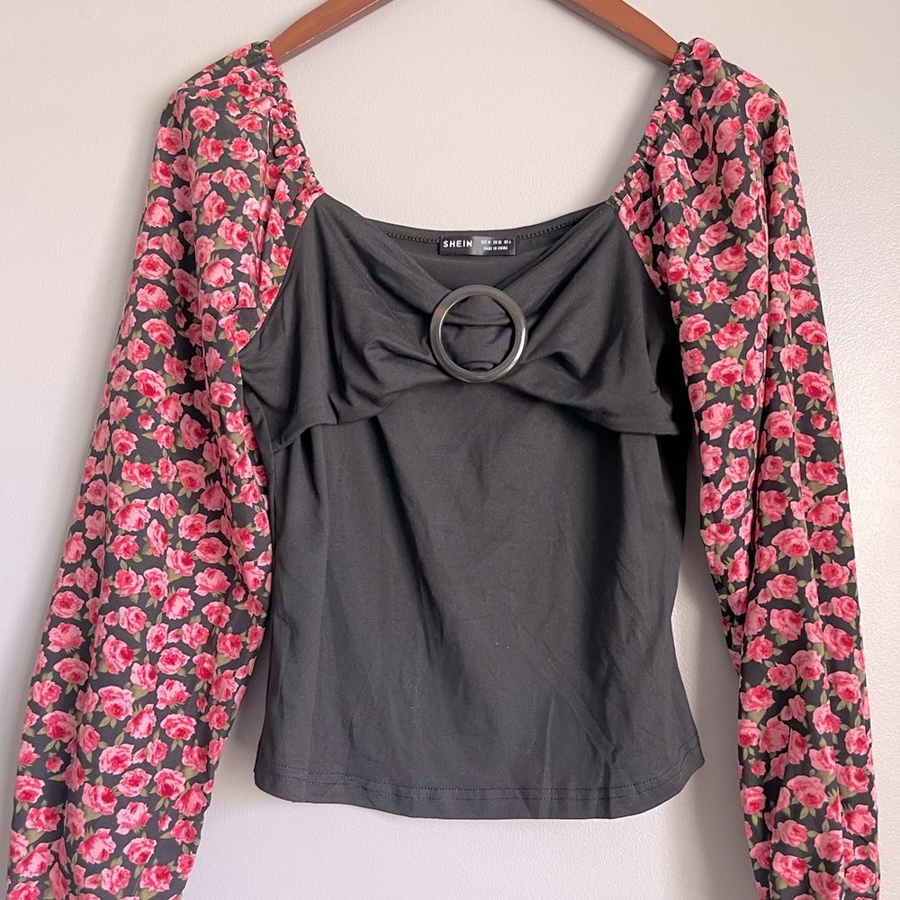 SHEIN off the shoulder black & floral top, size medium